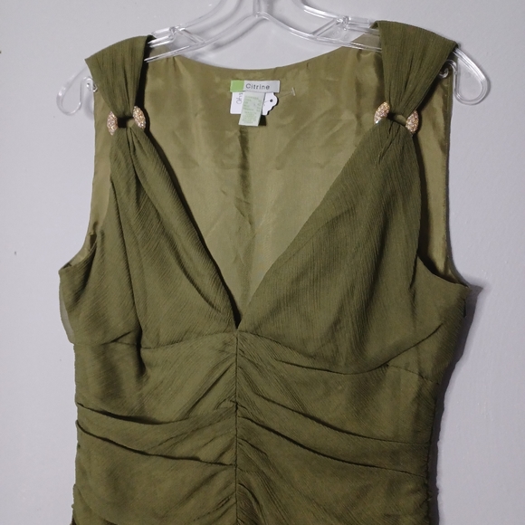 #66 Citrine Green Silk Drop Waist Empire Waist Ruched Bodice Dress Women's 12 - Picture 2 of 11